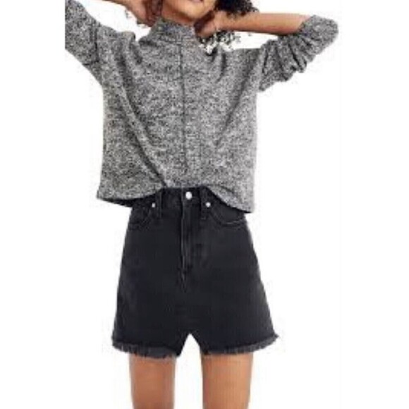 Madewell A Line Raw Hem Notched Cutout Black Denim Jean Mini Skirt Size 26 - Picture 4 of 16